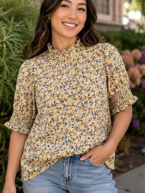 Les Amis NWT Floral Mock Neck Blouse Small Yellow Smocked Puff Sleeve